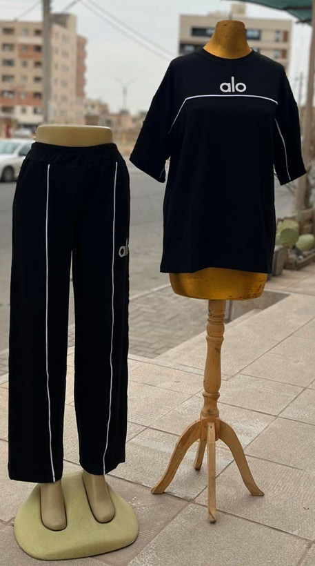 ست زنانه دخترانه تیشرت لش شلوار بگ جیب دار کمر کش در دو مدل بغل نواری و جلو مغزی دوزی چاپ alo با تنخور بسیار شیک و راحت