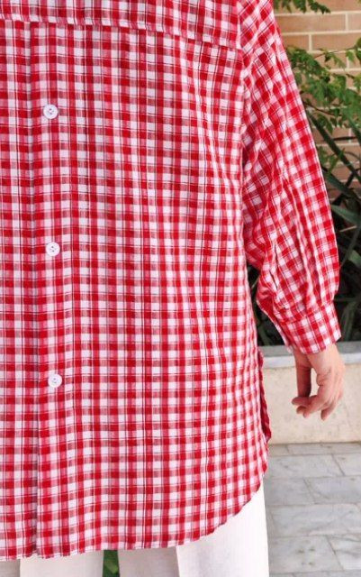 شومیز مانتویی چهارخونه قواره بزرگ طرح جیب آستین بلند پیله دار با تنخور بسیار شیک